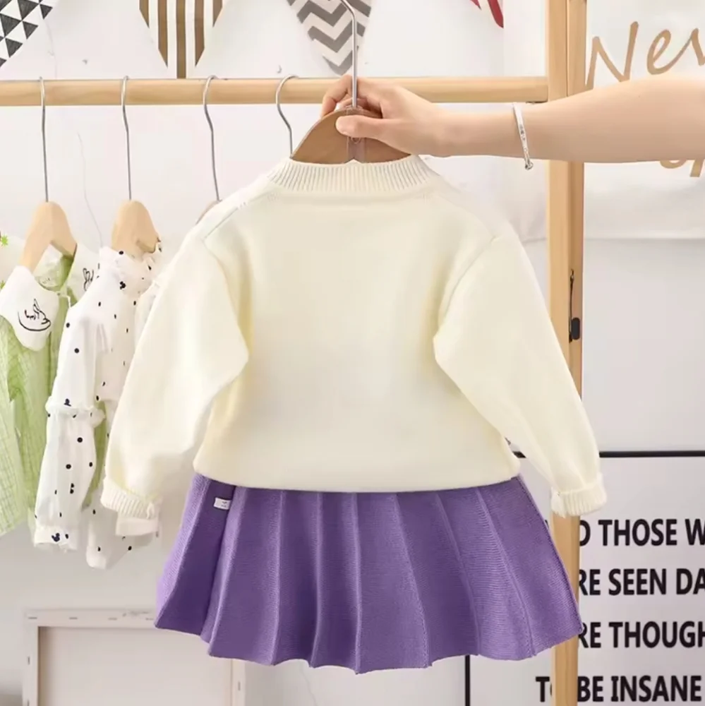 Spring Autumn Girls Grape Pom Pom Longsleeve Cardigan & Pleated Knit Skirt 2Pcs.